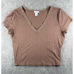 Bozzolo Brown‎ Ribbed Lace Trim V-Neck Short Sleeve Crop Top Women's Medium